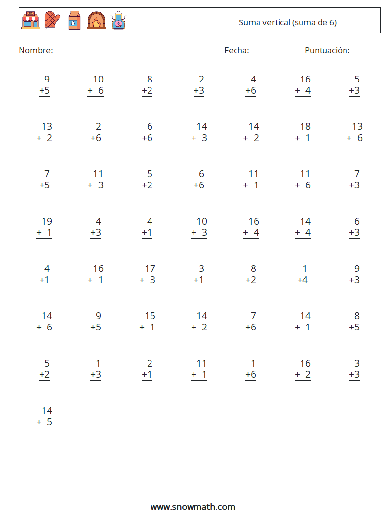 (50) Suma vertical (suma de 6) Hojas de trabajo de matemáticas 18