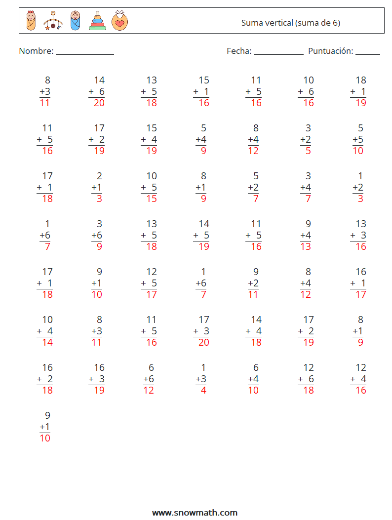 (50) Suma vertical (suma de 6) Hojas de trabajo de matemáticas 1 Pregunta, respuesta