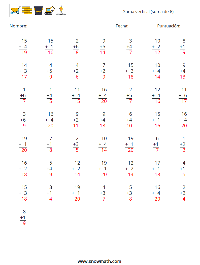 (50) Suma vertical (suma de 6) Hojas de trabajo de matemáticas 2 Pregunta, respuesta