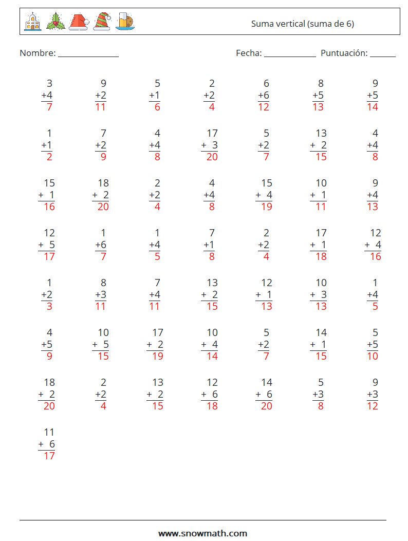 (50) Suma vertical (suma de 6) Hojas de trabajo de matemáticas 3 Pregunta, respuesta