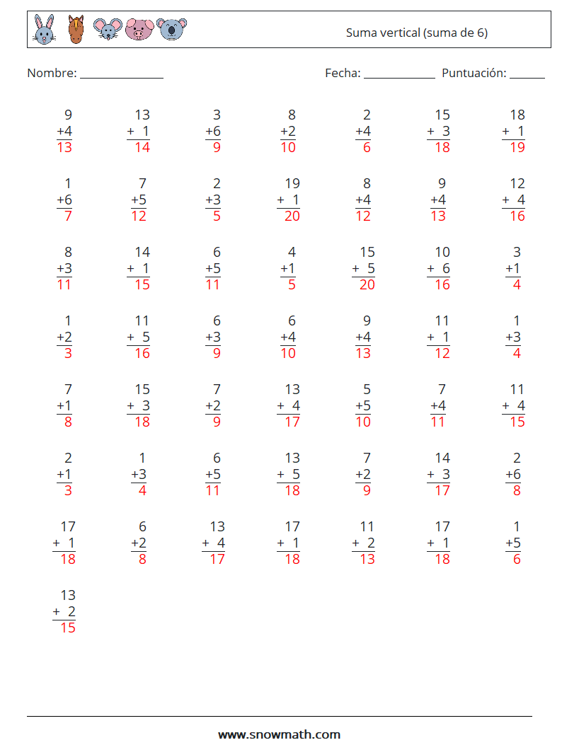 (50) Suma vertical (suma de 6) Hojas de trabajo de matemáticas 4 Pregunta, respuesta