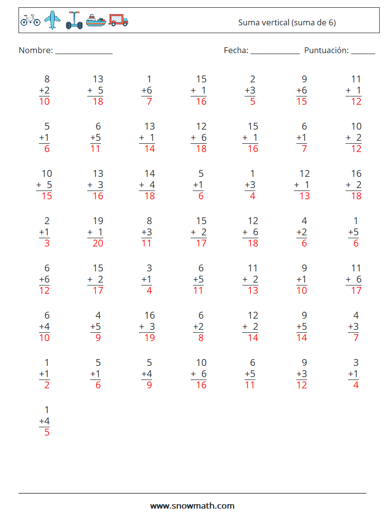 (50) Suma vertical (suma de 6) Hojas de trabajo de matemáticas 7 Pregunta, respuesta