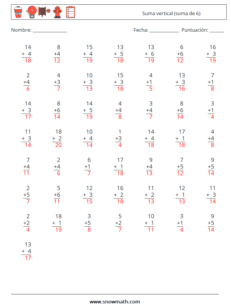 (50) Suma vertical (suma de 6) Hojas de trabajo de matemáticas 8 Pregunta, respuesta