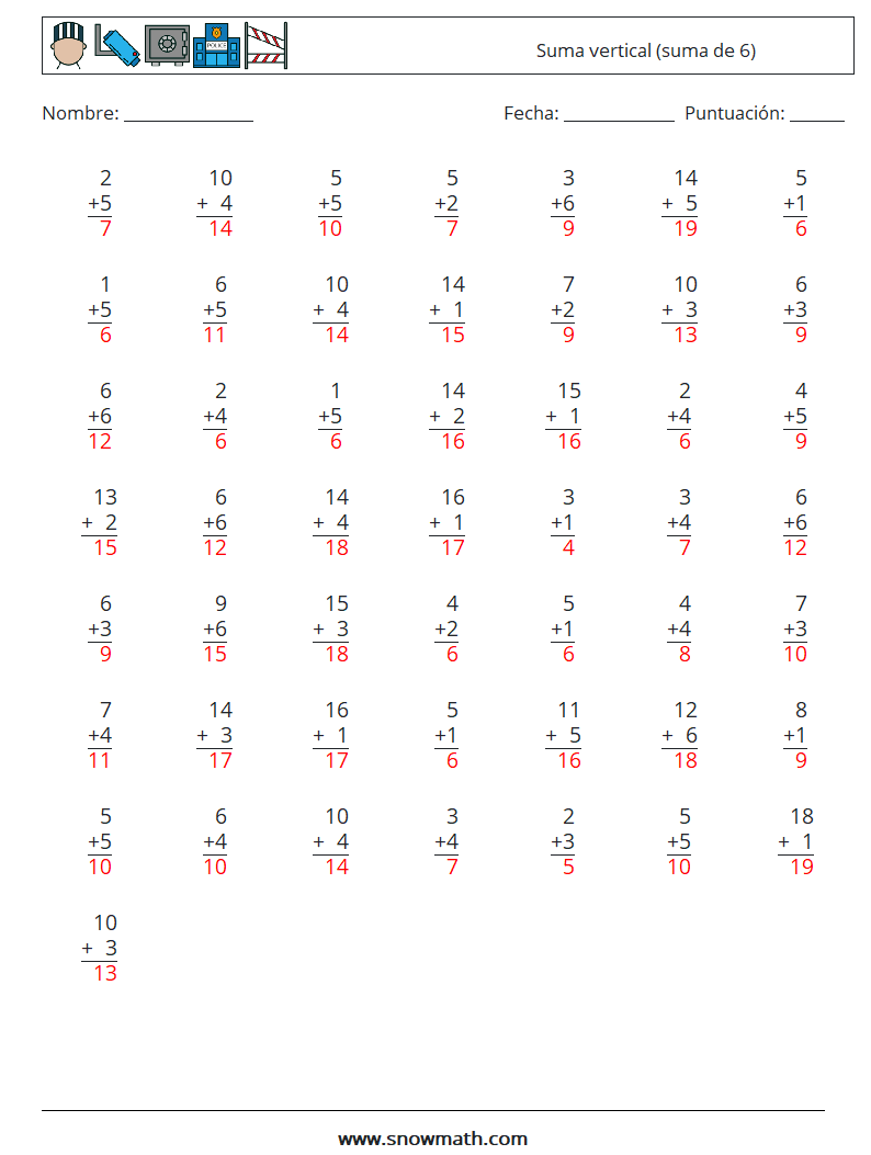 (50) Suma vertical (suma de 6) Hojas de trabajo de matemáticas 9 Pregunta, respuesta