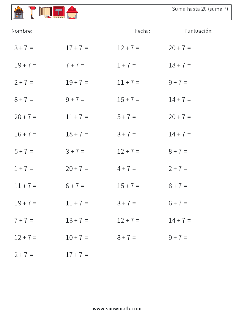 (50) Suma hasta 20 (suma 7) Hojas de trabajo de matemáticas 1