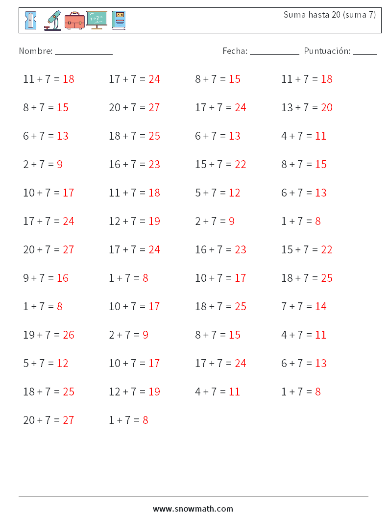 (50) Suma hasta 20 (suma 7) Hojas de trabajo de matemáticas 3 Pregunta, respuesta