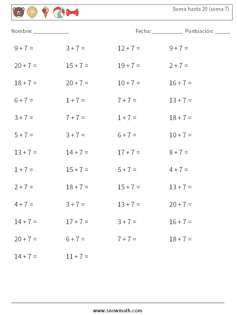 (50) Suma hasta 20 (suma 7) Hojas de trabajo de matemáticas 7