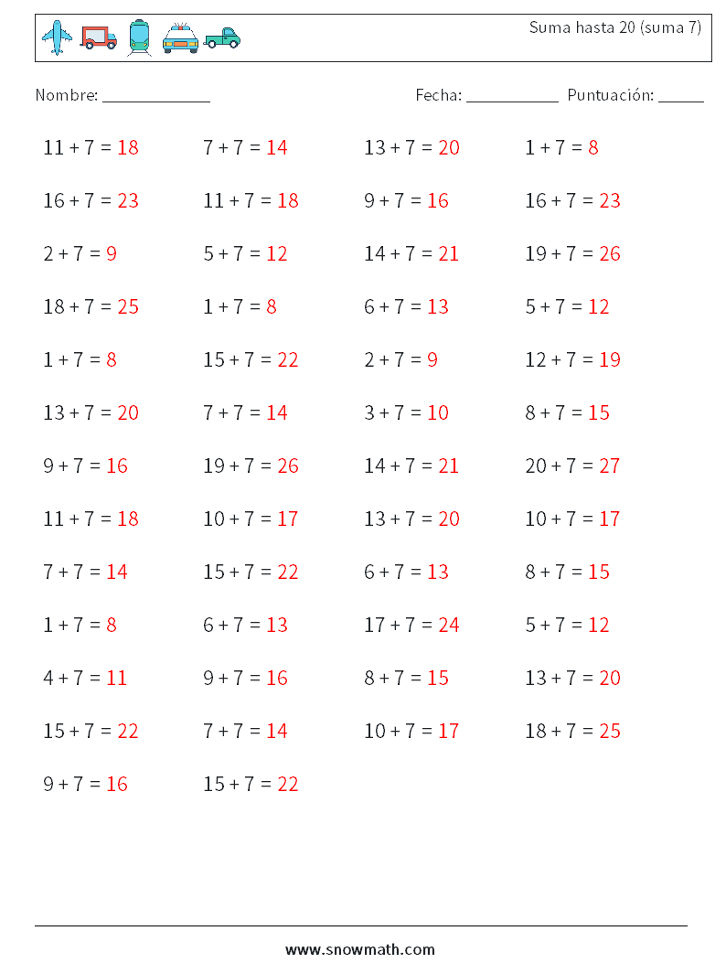 (50) Suma hasta 20 (suma 7) Hojas de trabajo de matemáticas 8 Pregunta, respuesta