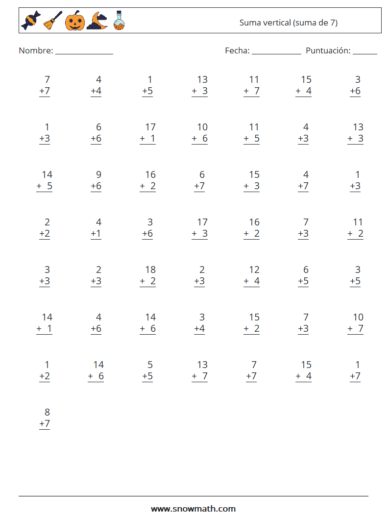 (50) Suma vertical (suma de 7) Hojas de trabajo de matemáticas 1