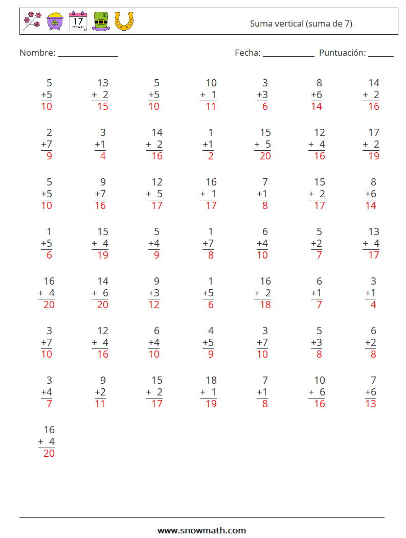 (50) Suma vertical (suma de 7) Hojas de trabajo de matemáticas 2 Pregunta, respuesta