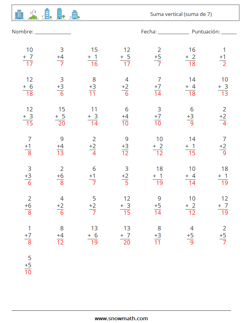 (50) Suma vertical (suma de 7) Hojas de trabajo de matemáticas 4 Pregunta, respuesta