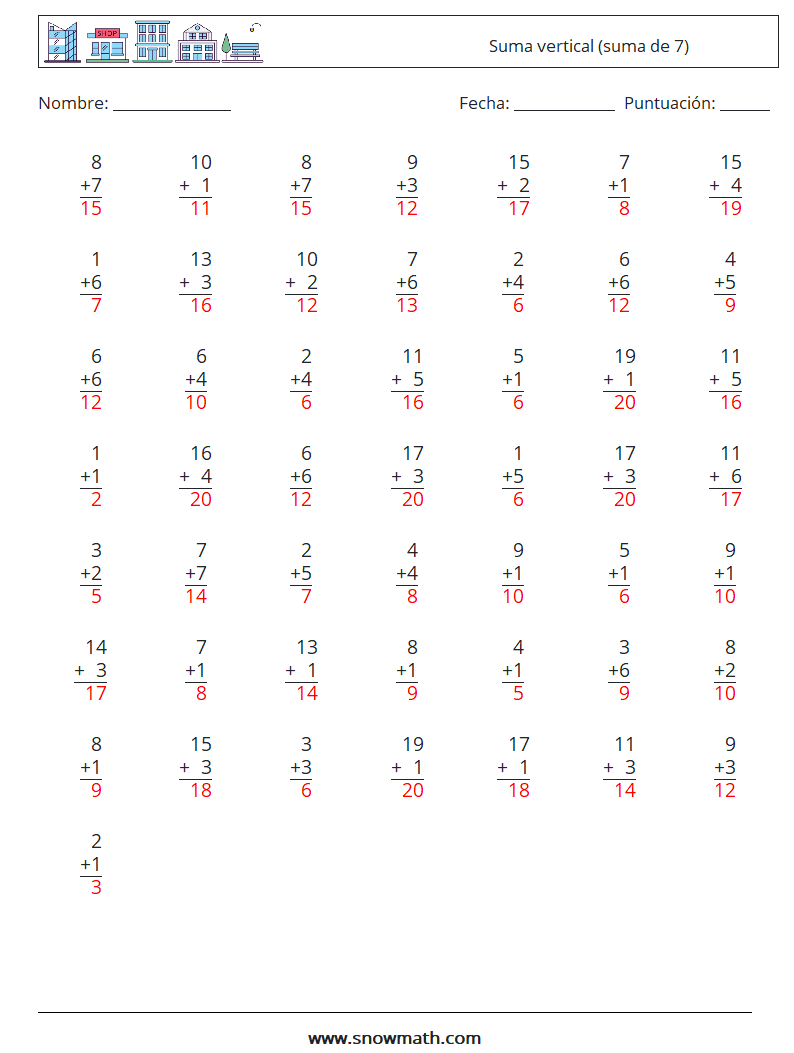 (50) Suma vertical (suma de 7) Hojas de trabajo de matemáticas 7 Pregunta, respuesta