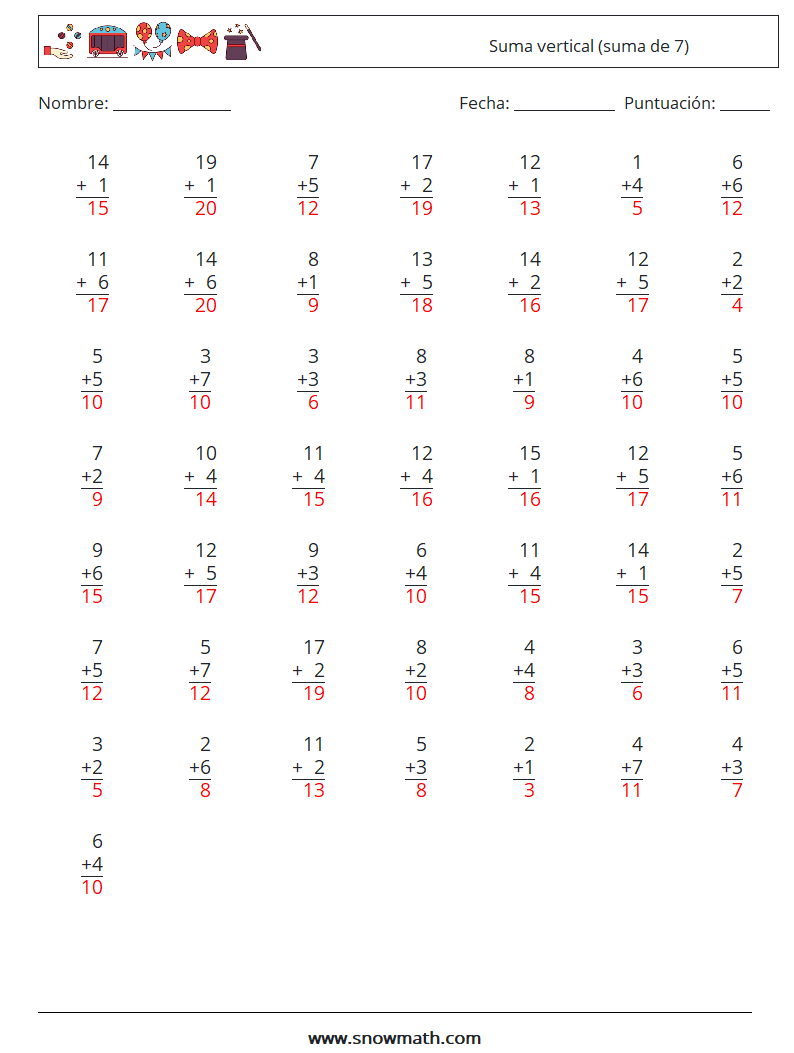 (50) Suma vertical (suma de 7) Hojas de trabajo de matemáticas 8 Pregunta, respuesta