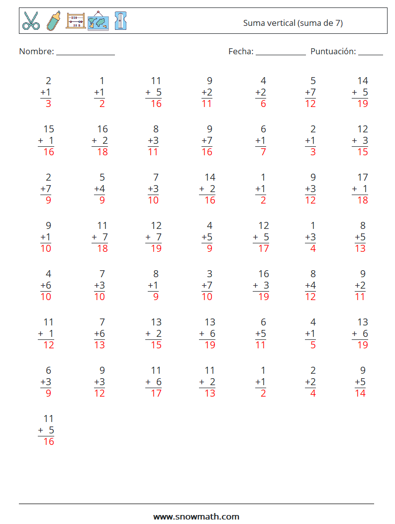 (50) Suma vertical (suma de 7) Hojas de trabajo de matemáticas 9 Pregunta, respuesta