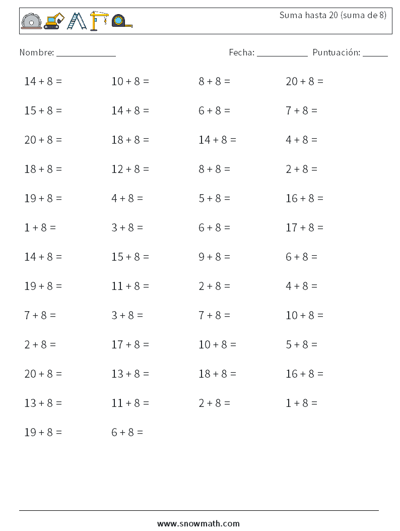 (50) Suma hasta 20 (suma de 8) Hojas de trabajo de matemáticas 2