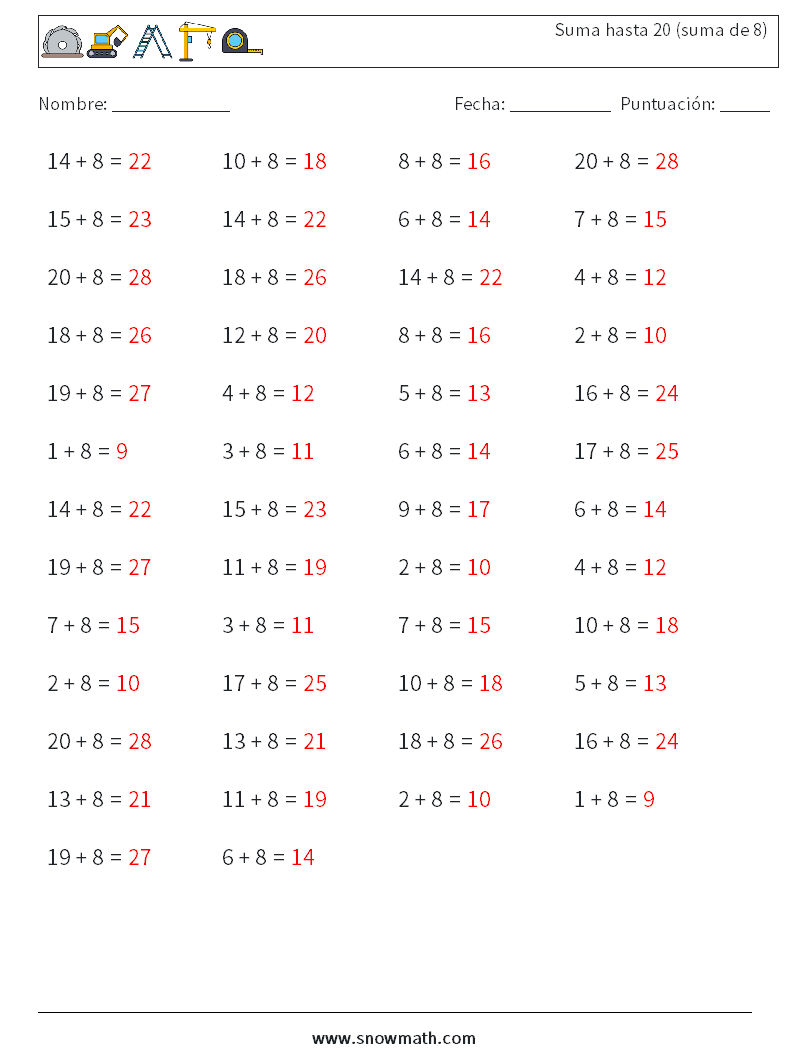 (50) Suma hasta 20 (suma de 8) Hojas de trabajo de matemáticas 2 Pregunta, respuesta