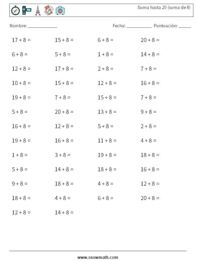 (50) Suma hasta 20 (suma de 8) Hojas de trabajo de matemáticas 3