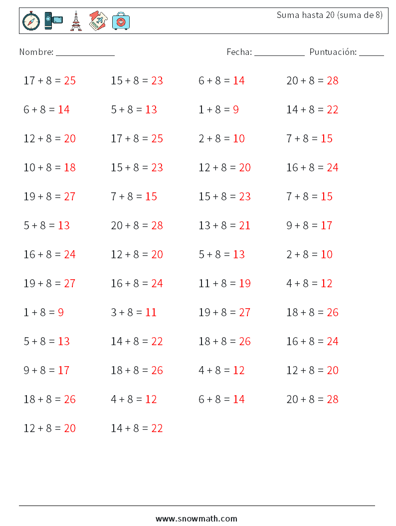 (50) Suma hasta 20 (suma de 8) Hojas de trabajo de matemáticas 3 Pregunta, respuesta