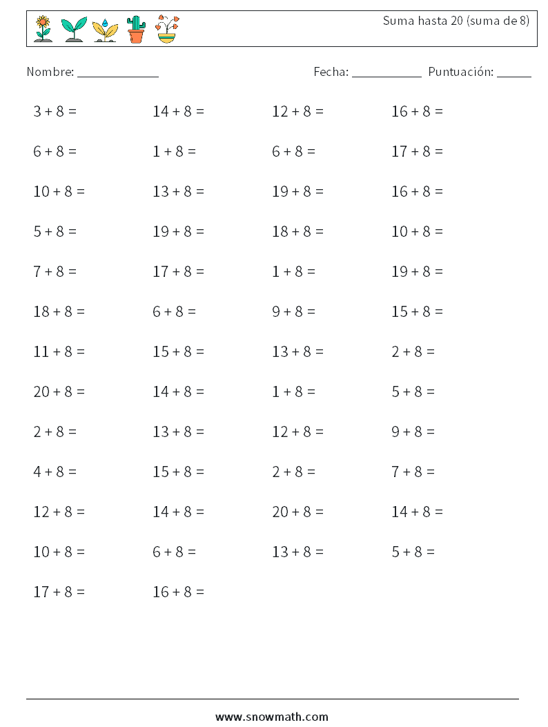 (50) Suma hasta 20 (suma de 8) Hojas de trabajo de matemáticas 4