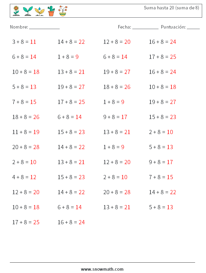 (50) Suma hasta 20 (suma de 8) Hojas de trabajo de matemáticas 4 Pregunta, respuesta