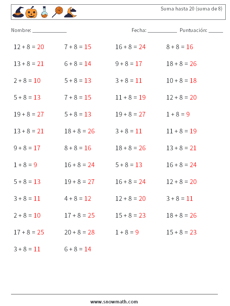 (50) Suma hasta 20 (suma de 8) Hojas de trabajo de matemáticas 5 Pregunta, respuesta