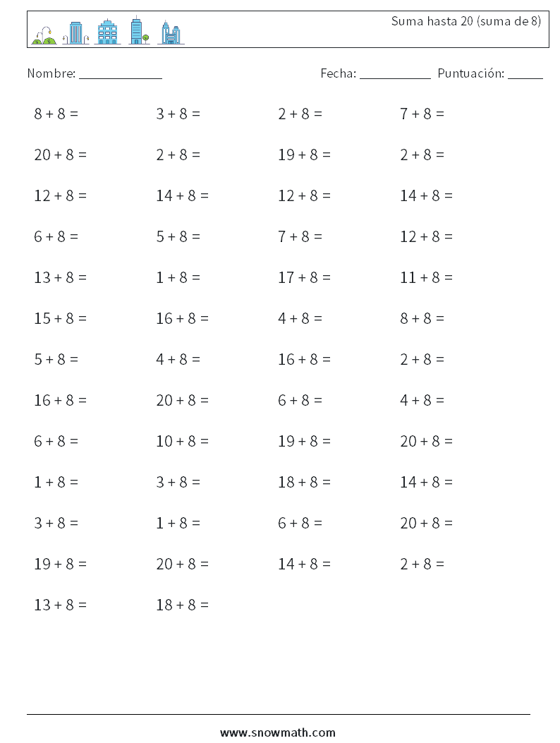 (50) Suma hasta 20 (suma de 8) Hojas de trabajo de matemáticas 6