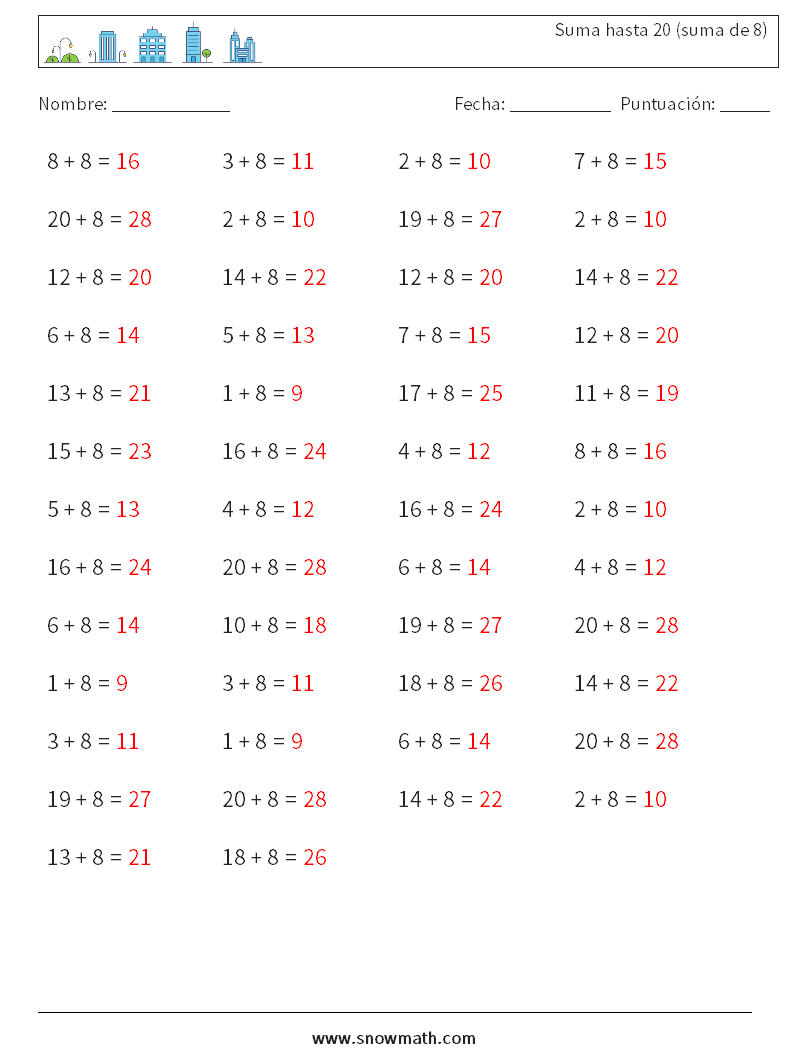 (50) Suma hasta 20 (suma de 8) Hojas de trabajo de matemáticas 6 Pregunta, respuesta