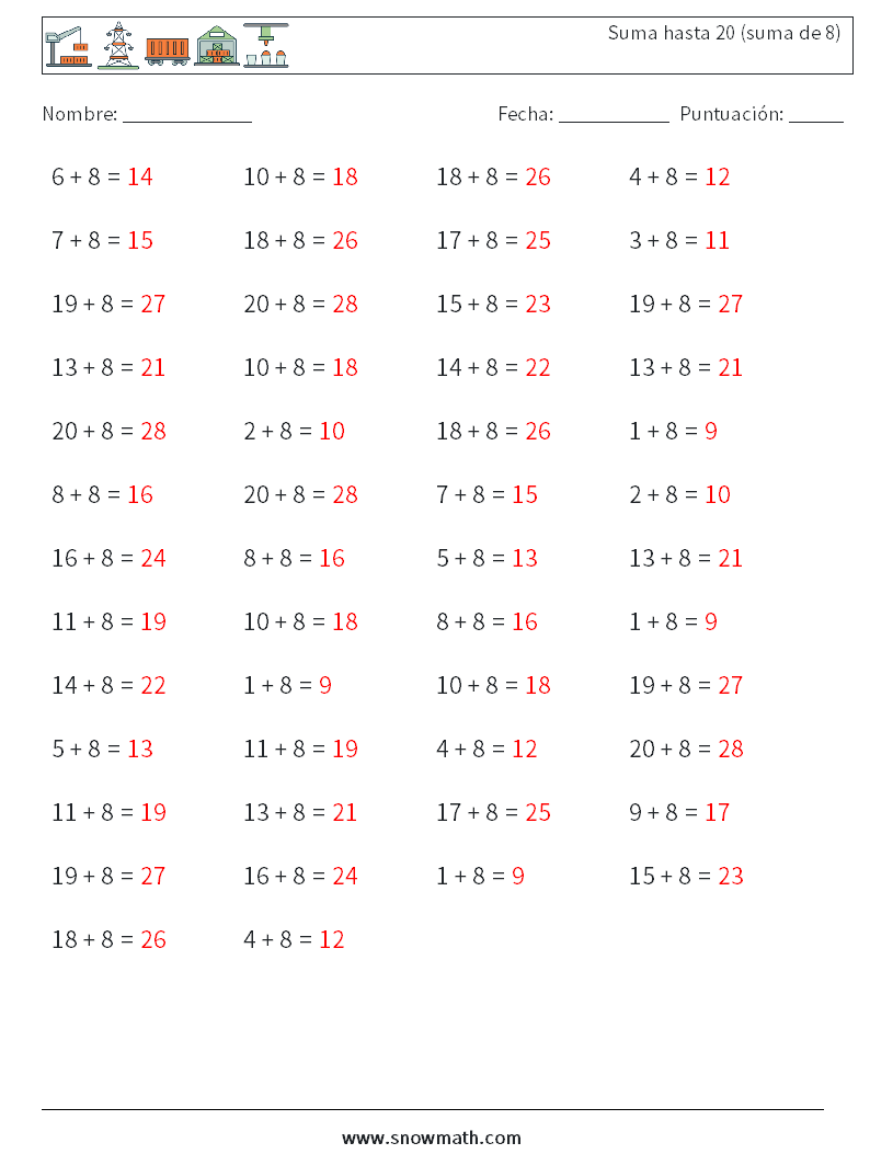 (50) Suma hasta 20 (suma de 8) Hojas de trabajo de matemáticas 8 Pregunta, respuesta