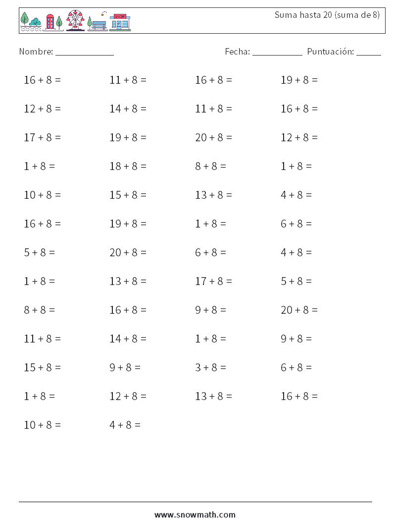 (50) Suma hasta 20 (suma de 8) Hojas de trabajo de matemáticas 9