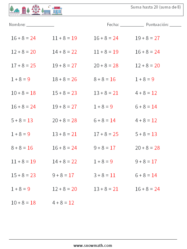 (50) Suma hasta 20 (suma de 8) Hojas de trabajo de matemáticas 9 Pregunta, respuesta