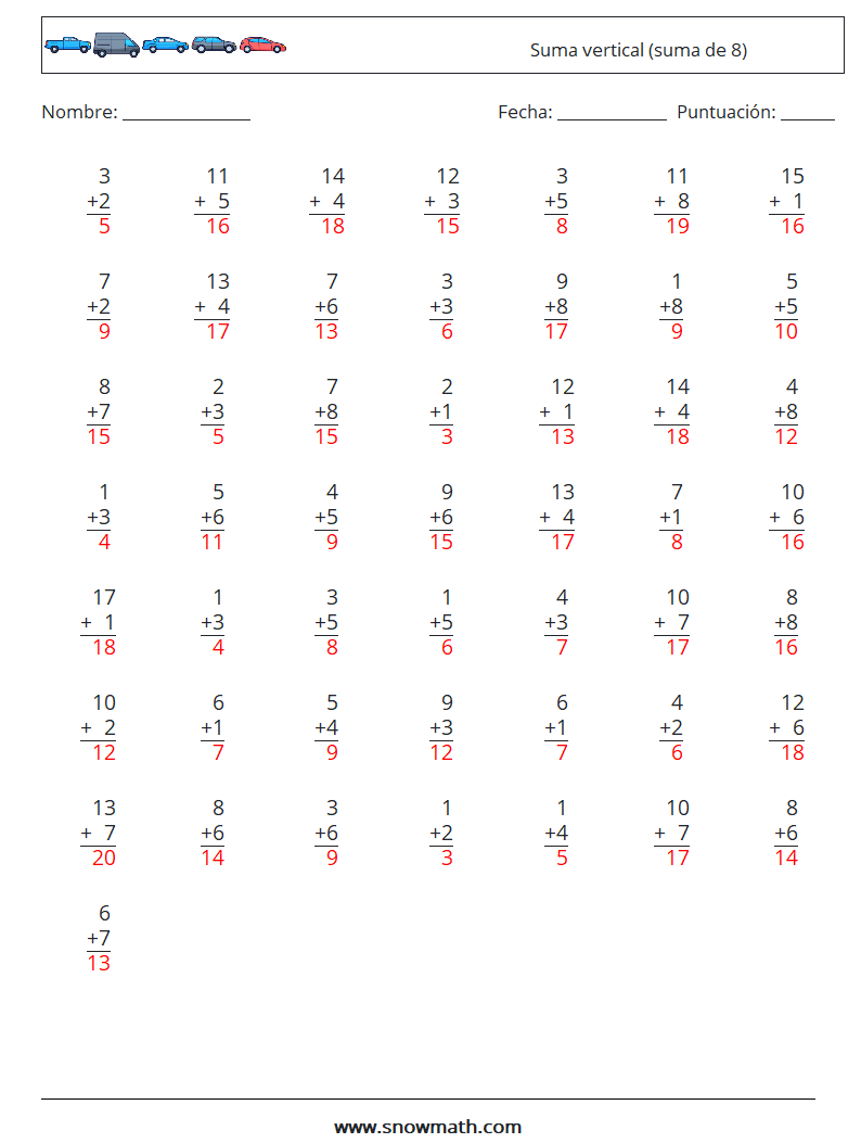 (50) Suma vertical (suma de 8) Hojas de trabajo de matemáticas 10 Pregunta, respuesta