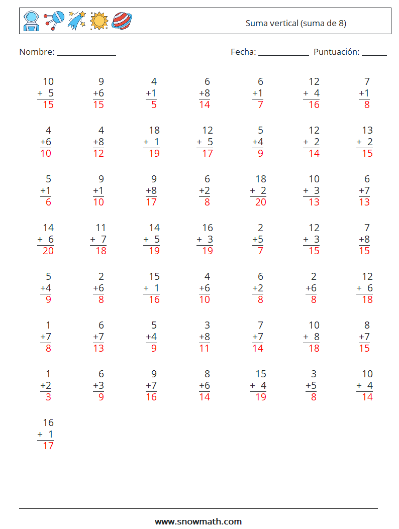 (50) Suma vertical (suma de 8) Hojas de trabajo de matemáticas 11 Pregunta, respuesta
