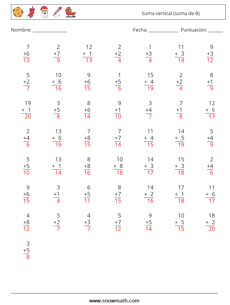 (50) Suma vertical (suma de 8) Hojas de trabajo de matemáticas 16 Pregunta, respuesta