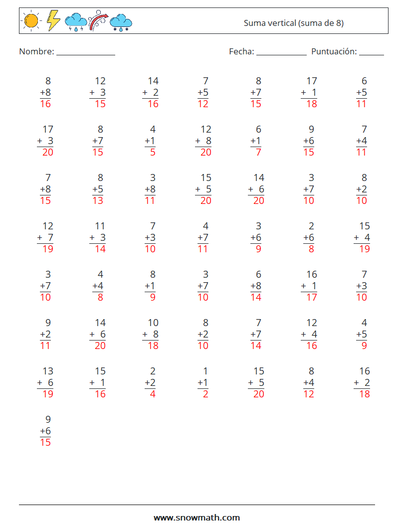 (50) Suma vertical (suma de 8) Hojas de trabajo de matemáticas 17 Pregunta, respuesta