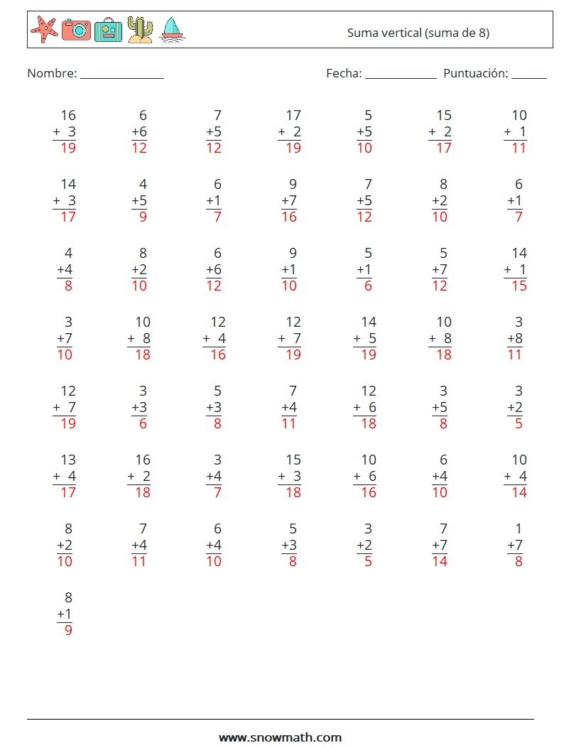 (50) Suma vertical (suma de 8) Hojas de trabajo de matemáticas 18 Pregunta, respuesta