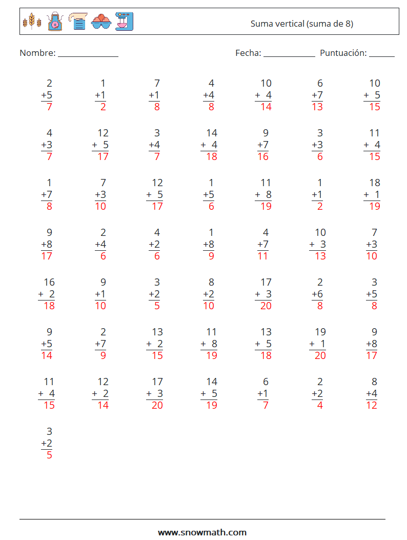 (50) Suma vertical (suma de 8) Hojas de trabajo de matemáticas 1 Pregunta, respuesta