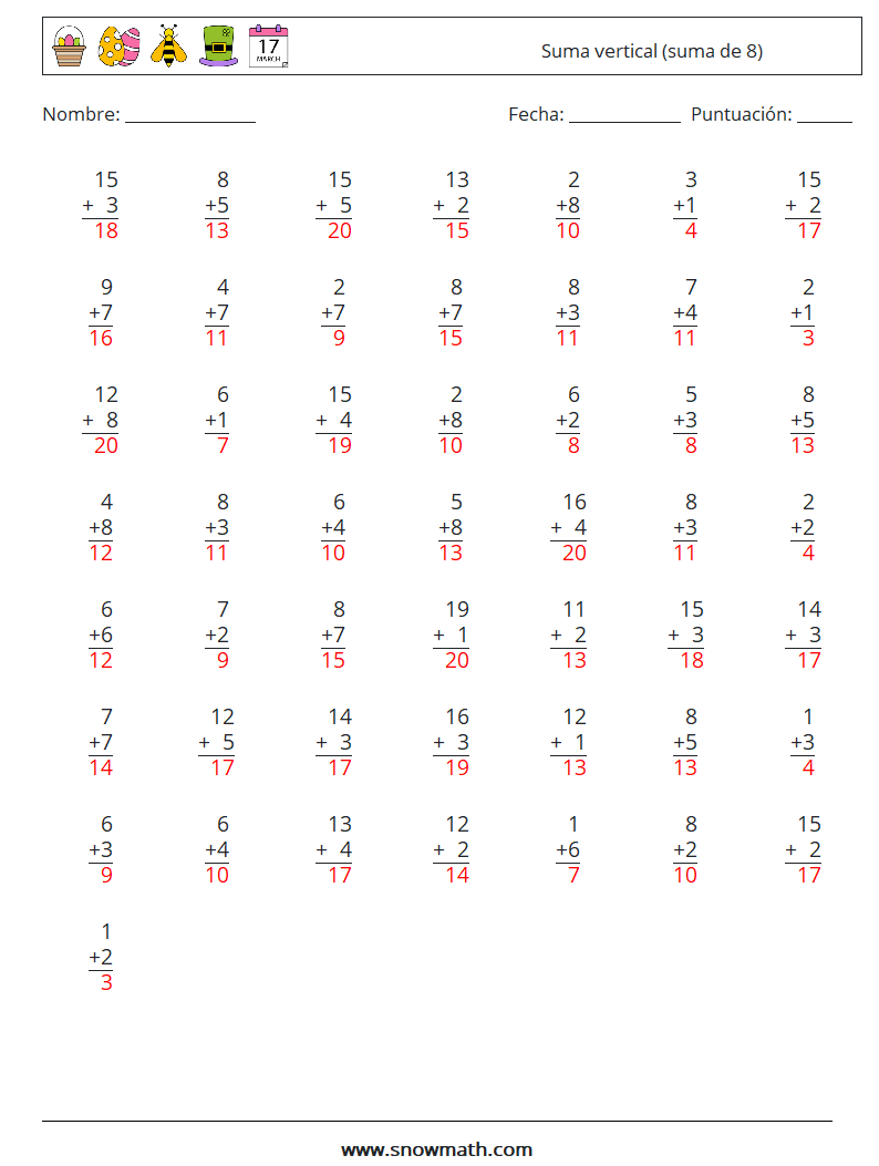 (50) Suma vertical (suma de 8) Hojas de trabajo de matemáticas 4 Pregunta, respuesta