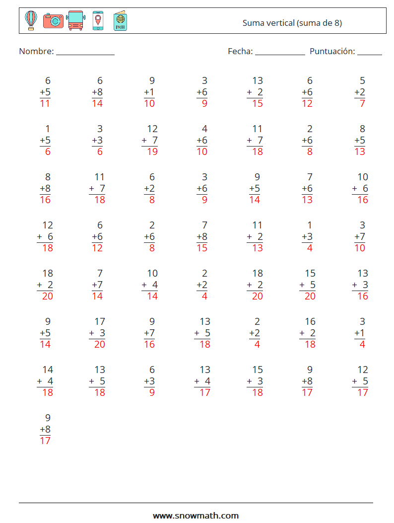 (50) Suma vertical (suma de 8) Hojas de trabajo de matemáticas 6 Pregunta, respuesta