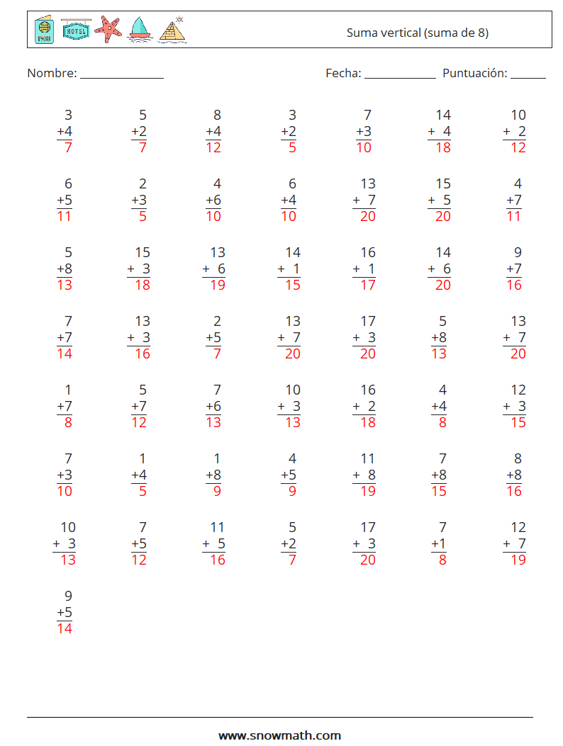 (50) Suma vertical (suma de 8) Hojas de trabajo de matemáticas 7 Pregunta, respuesta