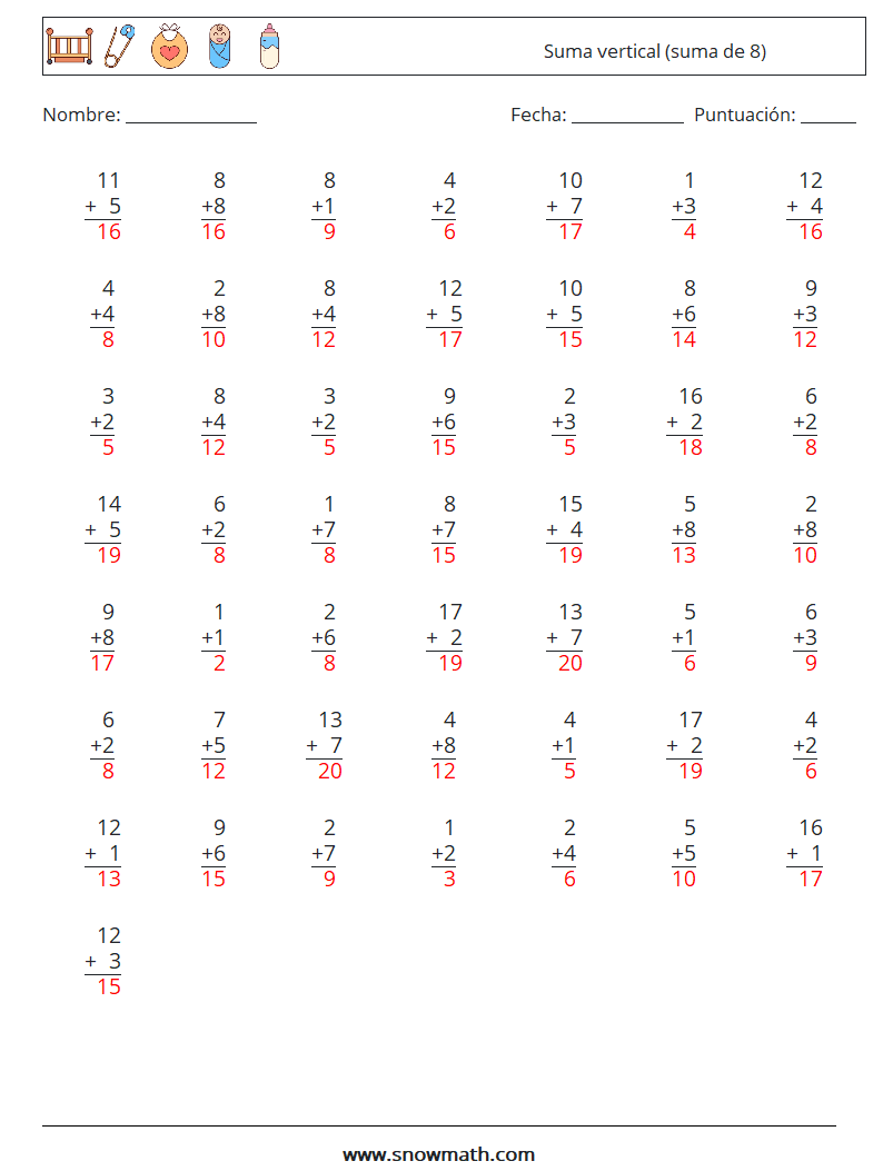 (50) Suma vertical (suma de 8) Hojas de trabajo de matemáticas 8 Pregunta, respuesta