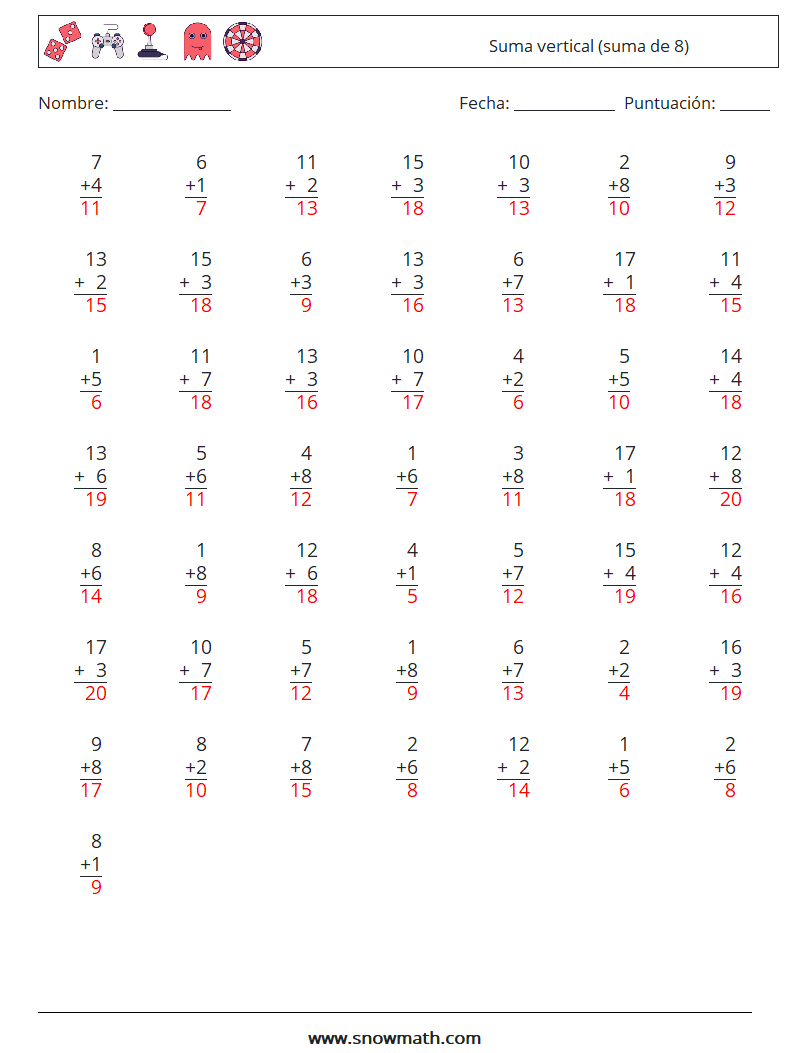 (50) Suma vertical (suma de 8) Hojas de trabajo de matemáticas 9 Pregunta, respuesta