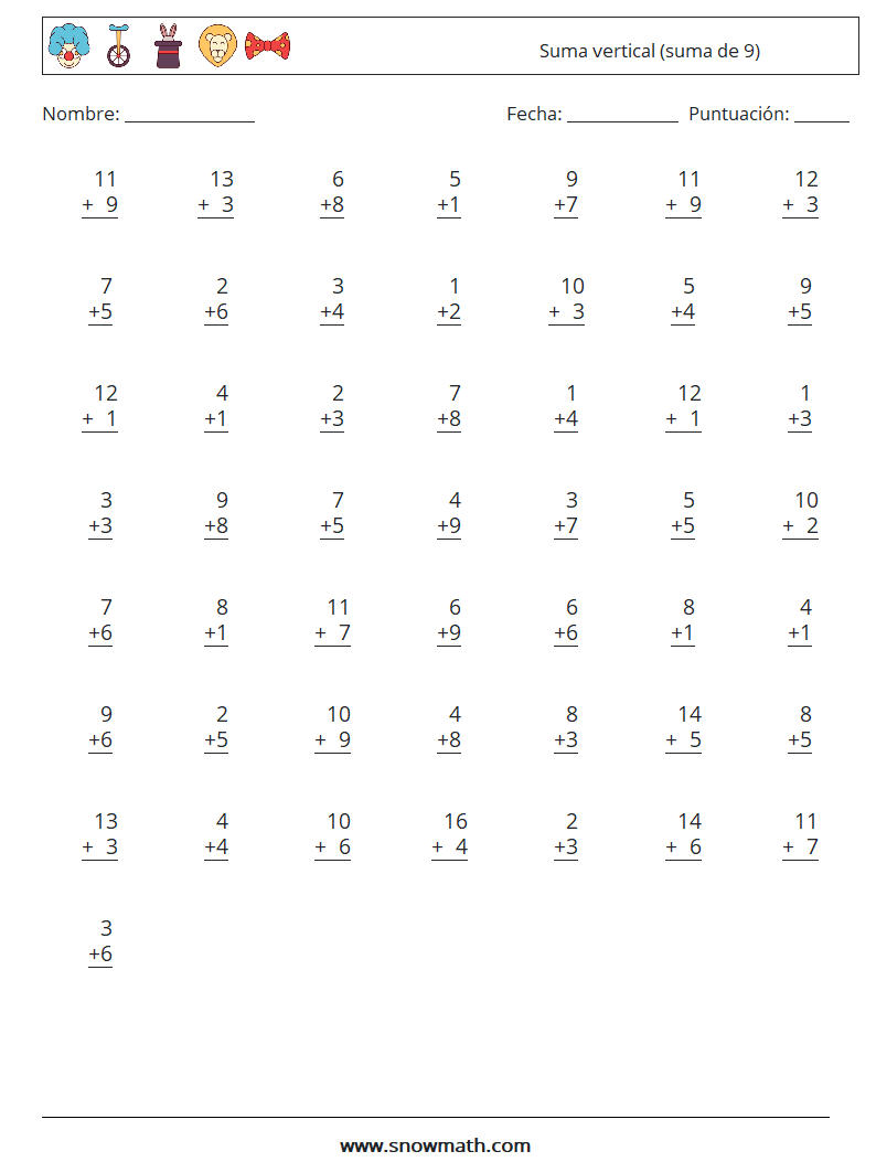 (50) Suma vertical (suma de 9) Hojas de trabajo de matemáticas 1