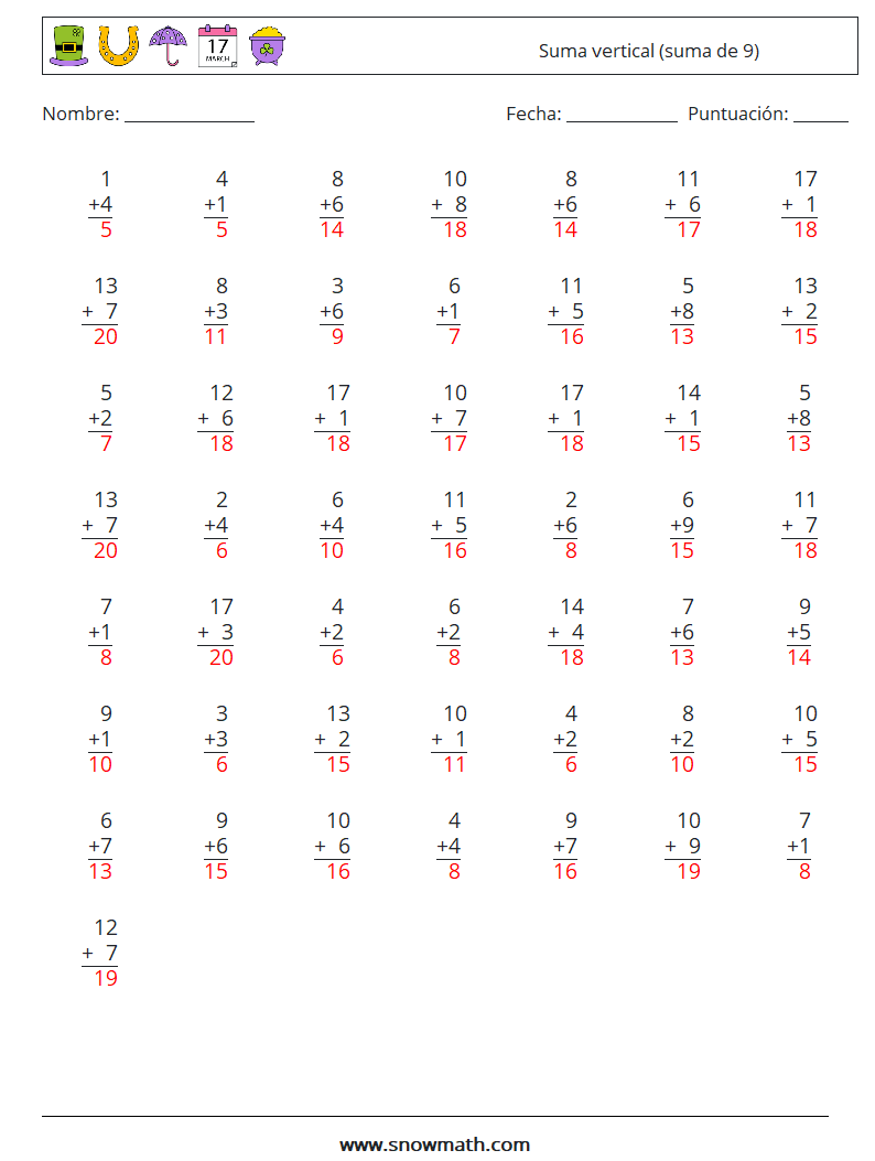 (50) Suma vertical (suma de 9) Hojas de trabajo de matemáticas 12 Pregunta, respuesta