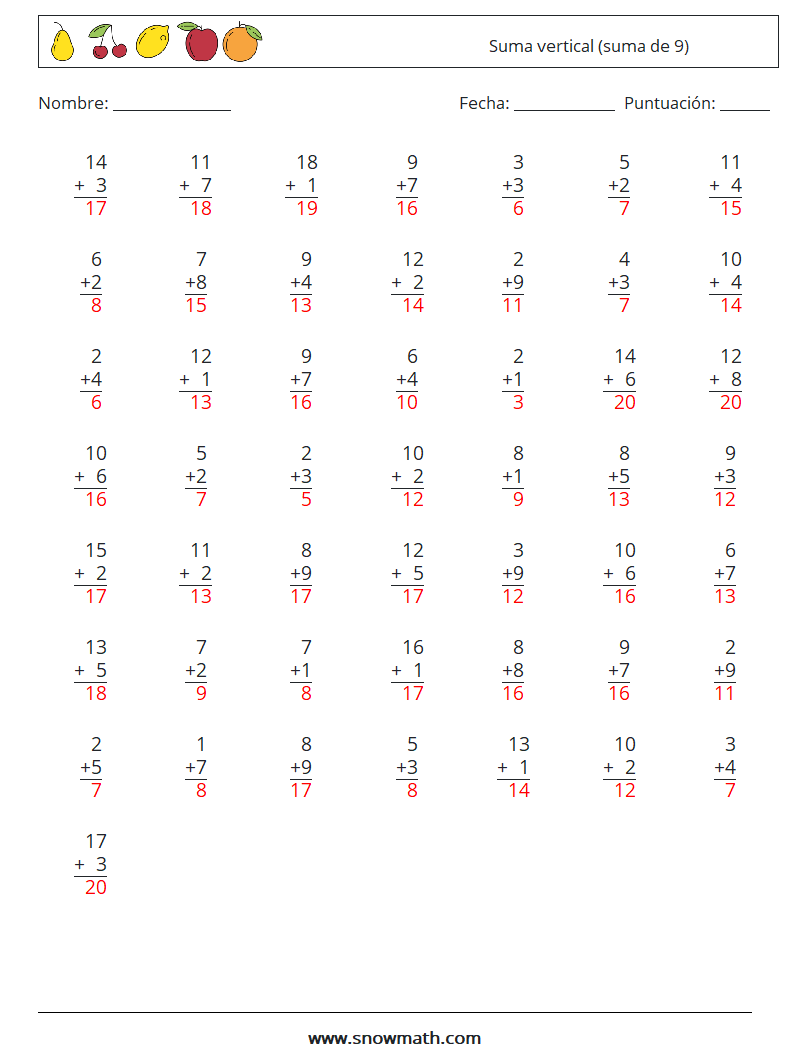 (50) Suma vertical (suma de 9) Hojas de trabajo de matemáticas 13 Pregunta, respuesta