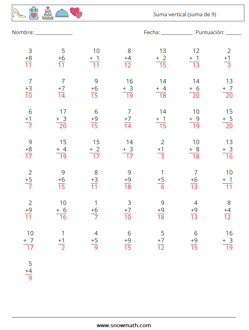 (50) Suma vertical (suma de 9) Hojas de trabajo de matemáticas 14 Pregunta, respuesta