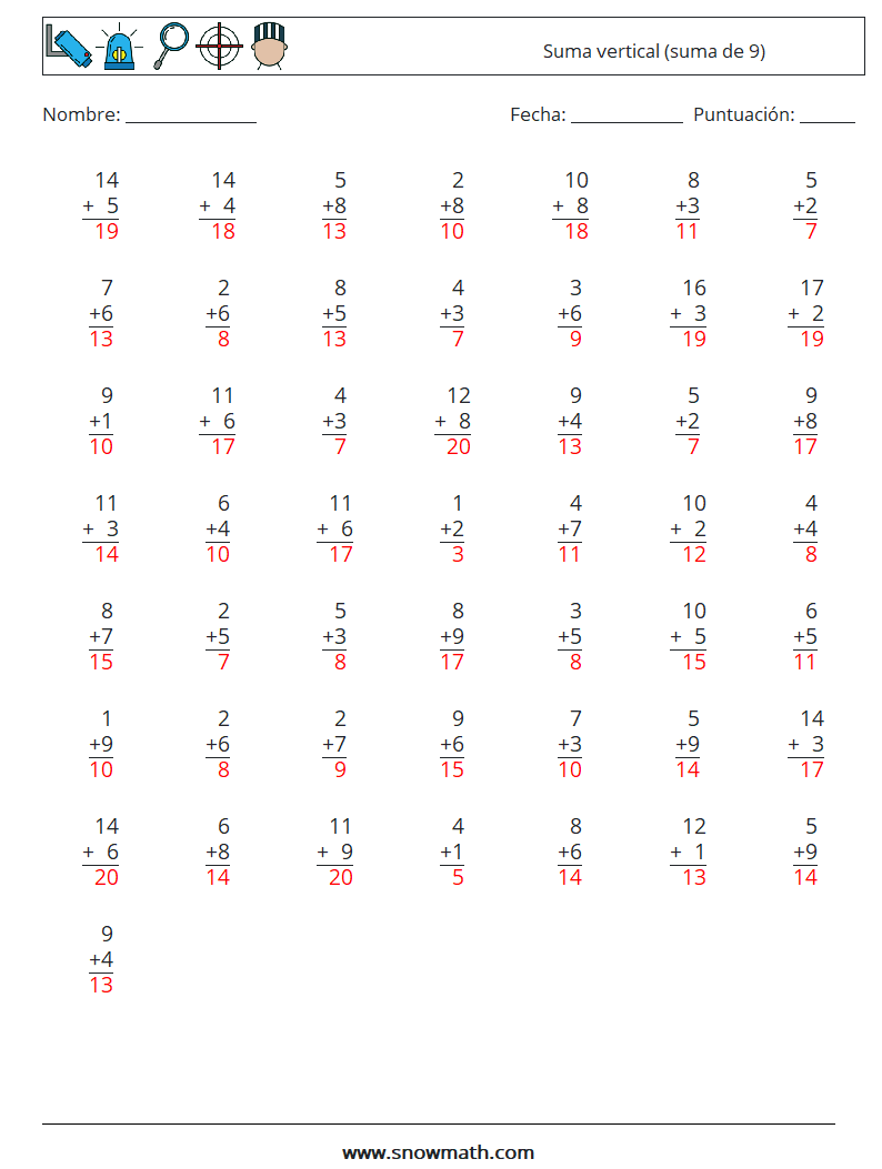 (50) Suma vertical (suma de 9) Hojas de trabajo de matemáticas 15 Pregunta, respuesta