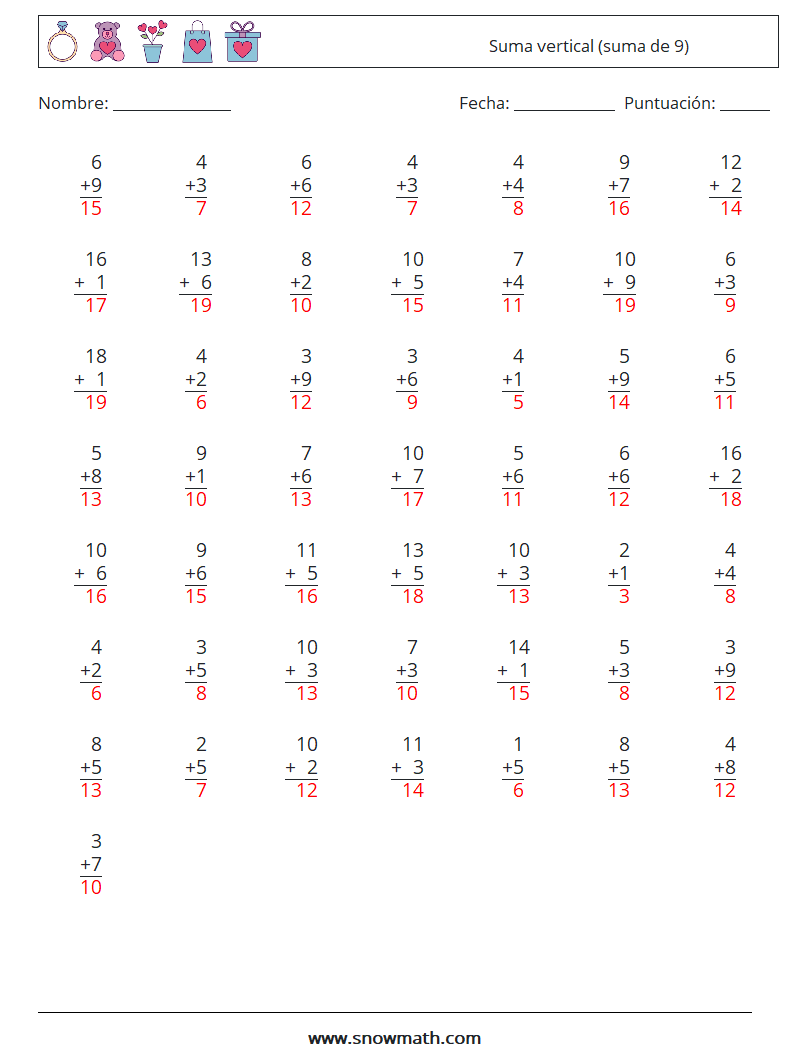 (50) Suma vertical (suma de 9) Hojas de trabajo de matemáticas 17 Pregunta, respuesta