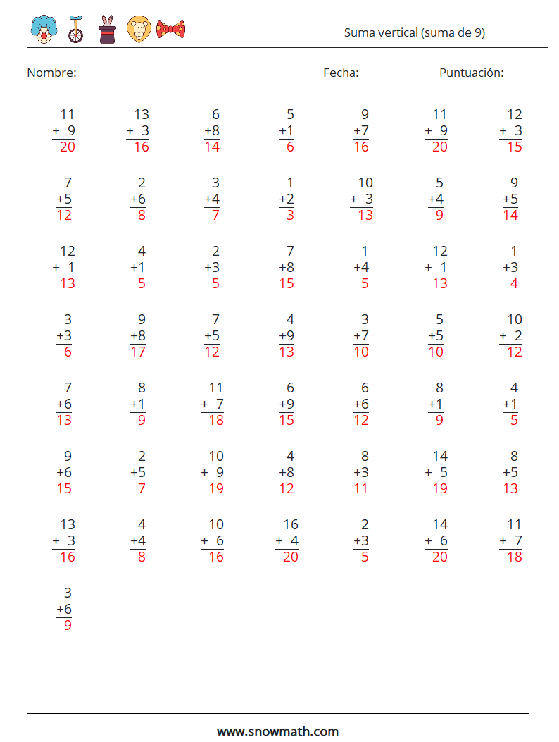 (50) Suma vertical (suma de 9) Hojas de trabajo de matemáticas 1 Pregunta, respuesta