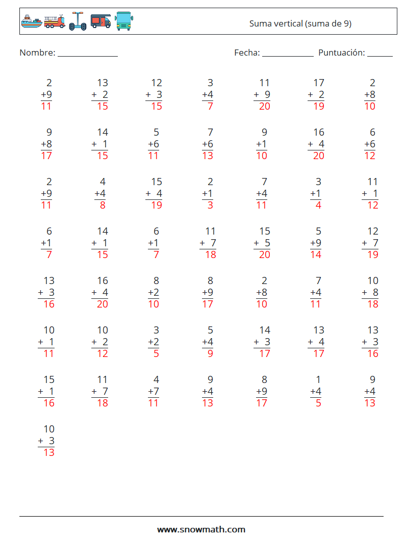 (50) Suma vertical (suma de 9) Hojas de trabajo de matemáticas 2 Pregunta, respuesta