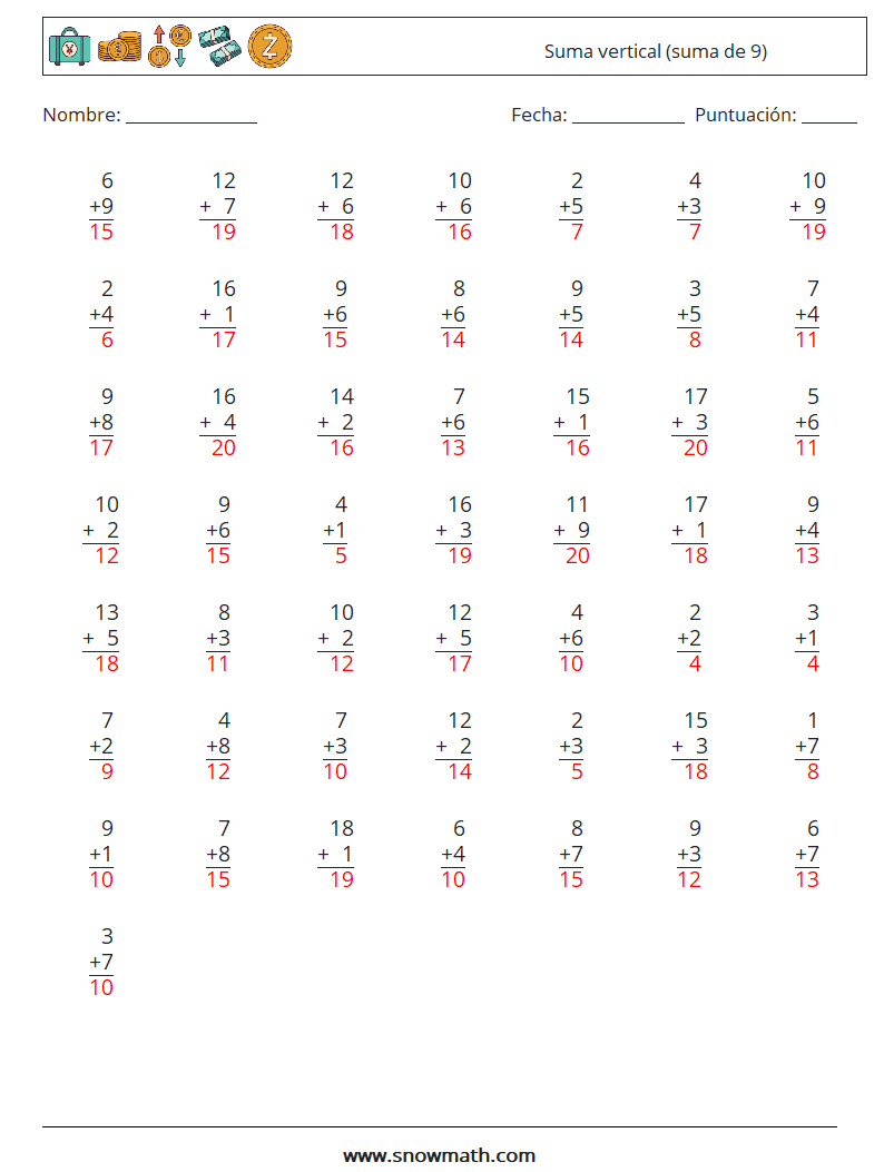 (50) Suma vertical (suma de 9) Hojas de trabajo de matemáticas 3 Pregunta, respuesta